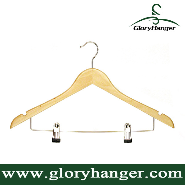 China Supplier Wooden Top Hanger with Metal Clips