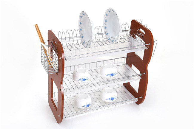 3 Layer Metal Wire Kitchen Dish Rack with Wooden Board Jp-Dr22315