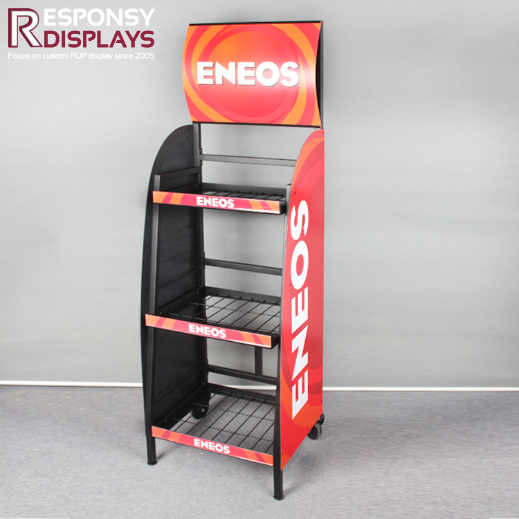 Floor Metal Lubricating Oil Lubricant Display Rack with 3-Tier & Wheels Engine Oil Stand