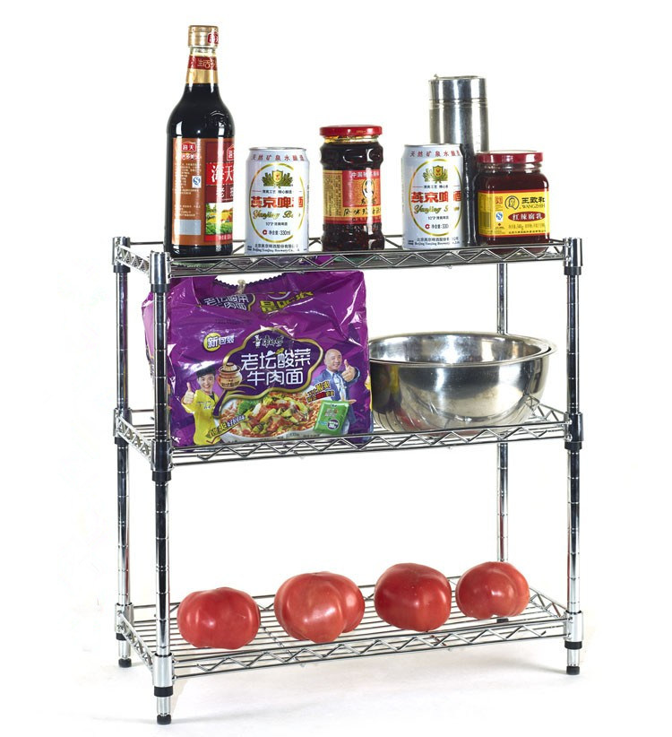 Adjustable 3 Tier Mini Chrome Metal Kitchen Shelf Rack Organizer on Table