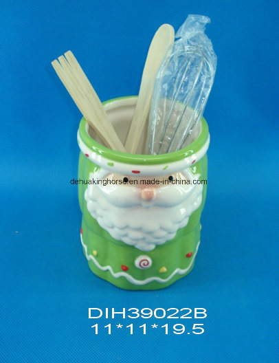 Hand-Painted Ceramic Utensil Holder with Santa Design