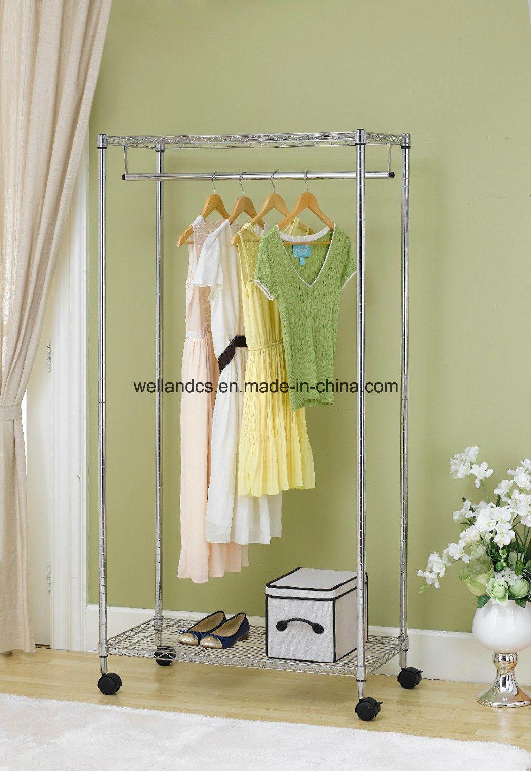 Rolling 2-Tier Chrome Metal Clothing Garment Rack Shelving