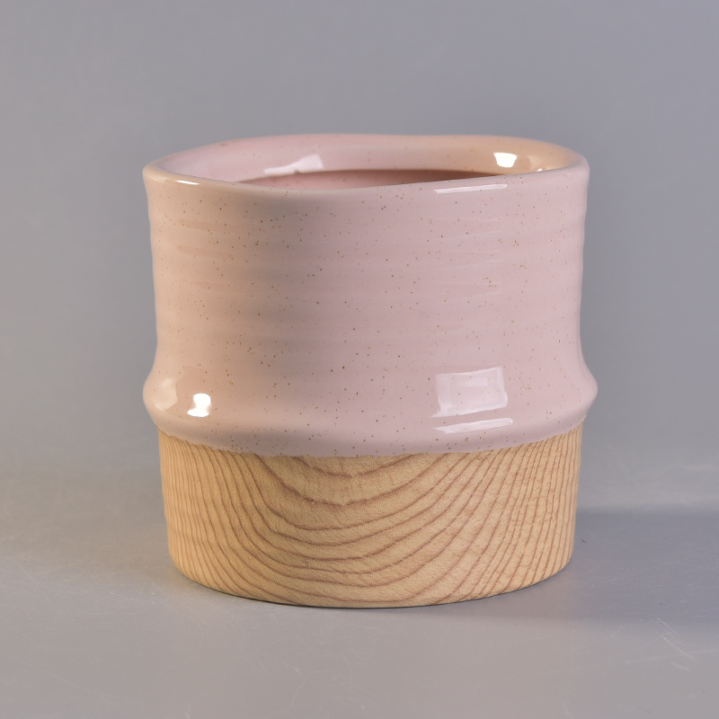 Customized Wooden Finish Bottom Ceramic Candle Holders