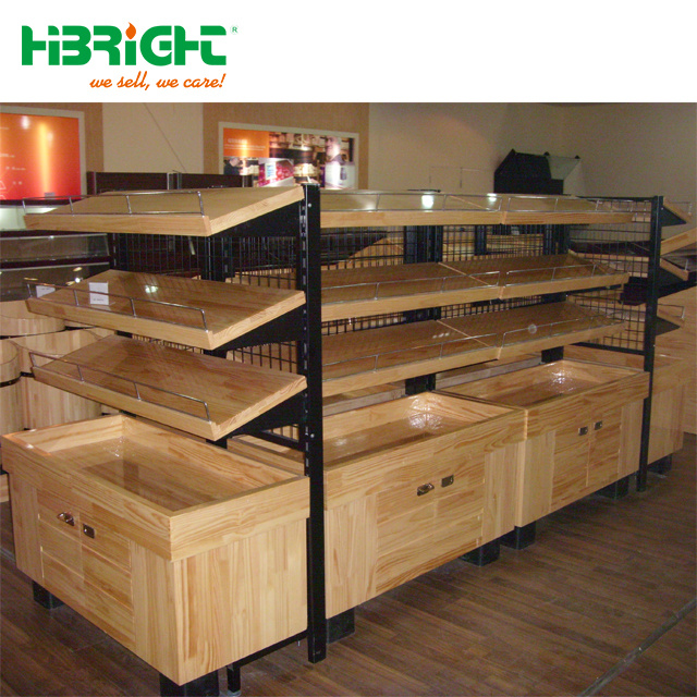 Double Sided Natural Wood Gondola Shelvings Racks for Bakery Shop