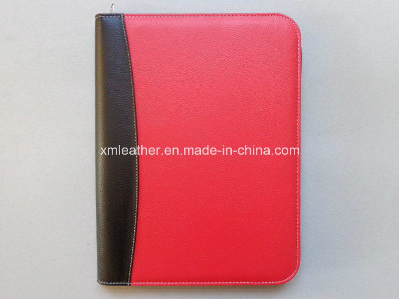 Red PU Leather File Folder with Zipper Closure