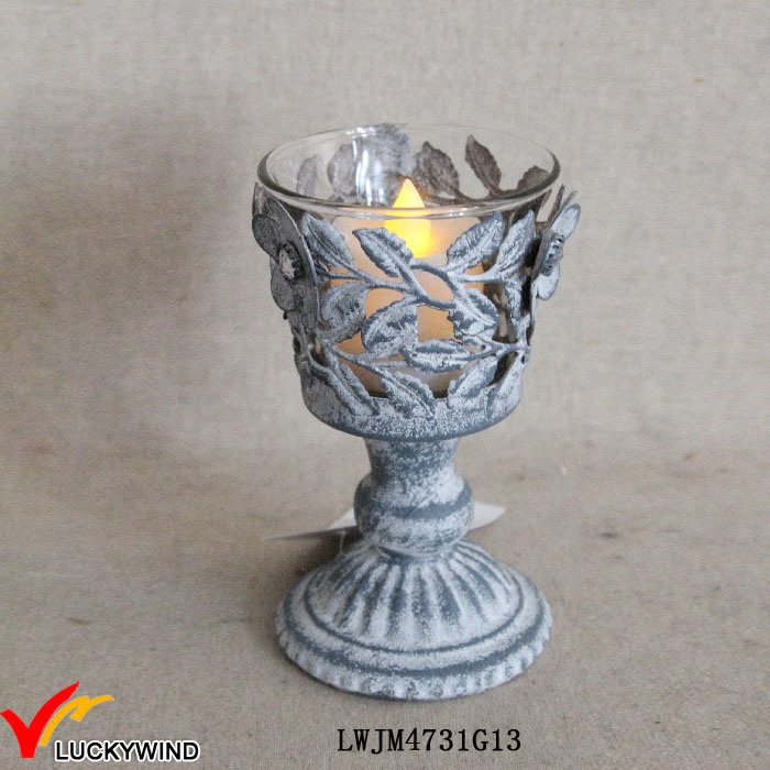 Vintage Gray Hurricane Glass Stemmed Tea Light Metal Candle Holder