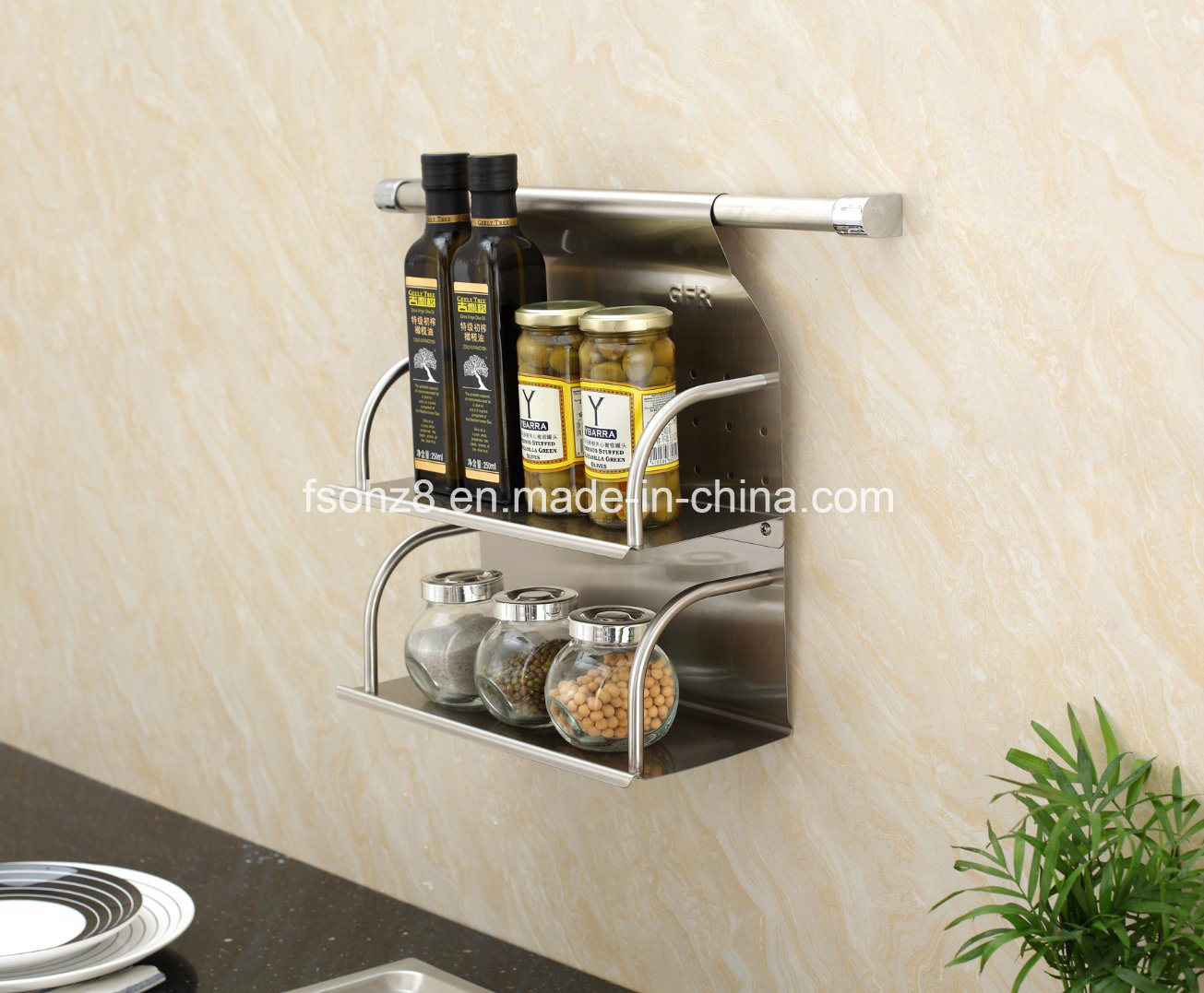 Wall Hanging Stainless Steel Kitchent Double Layer Holder Spice Shelf Gfr-307