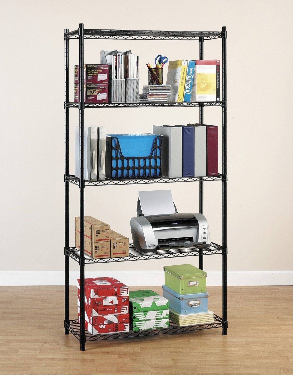 Black 5 Tiers Adjustable Metal Wire Office Rack