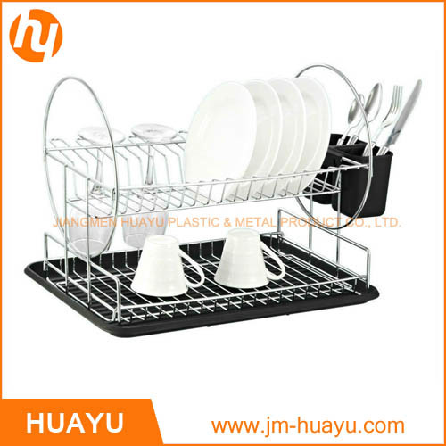 2-Tier Chrome Steel Dish Rack with Drainboard and Cutlery Cup (Black)