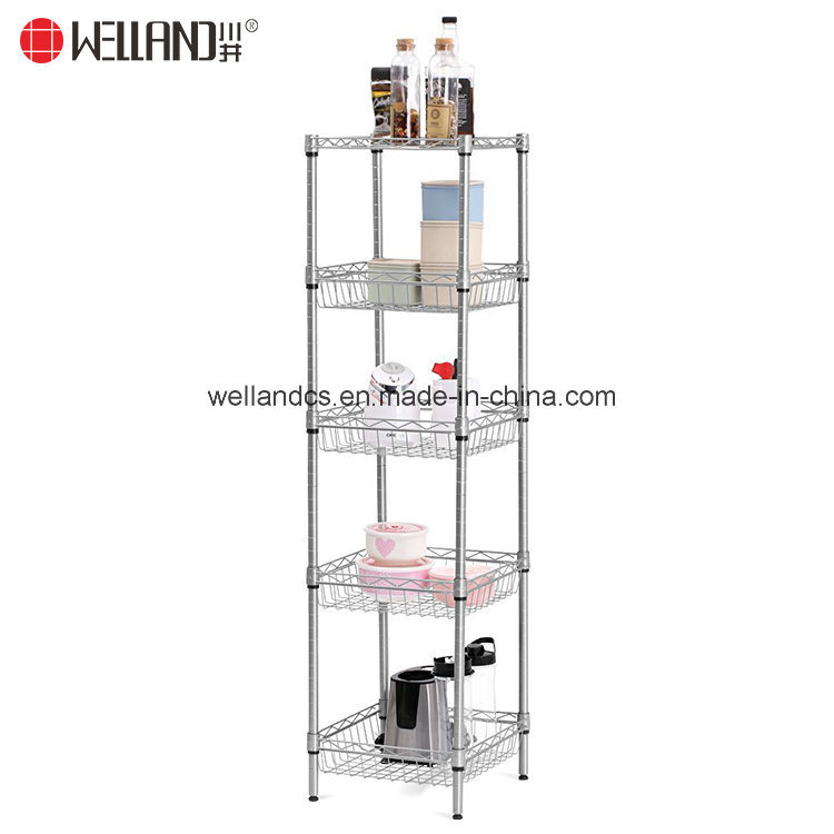 Free-Standing Small 5-Shelf Kitchen Baskets Storage Metal Wire Rack Unit