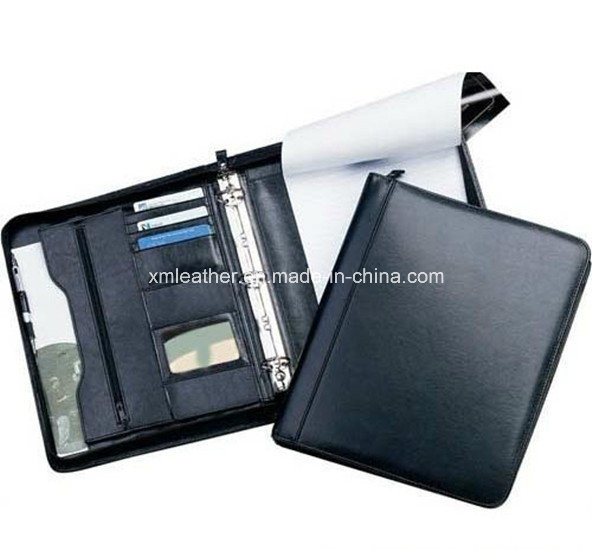 Embossed Black Leather Ring Binder Folder with Notepad