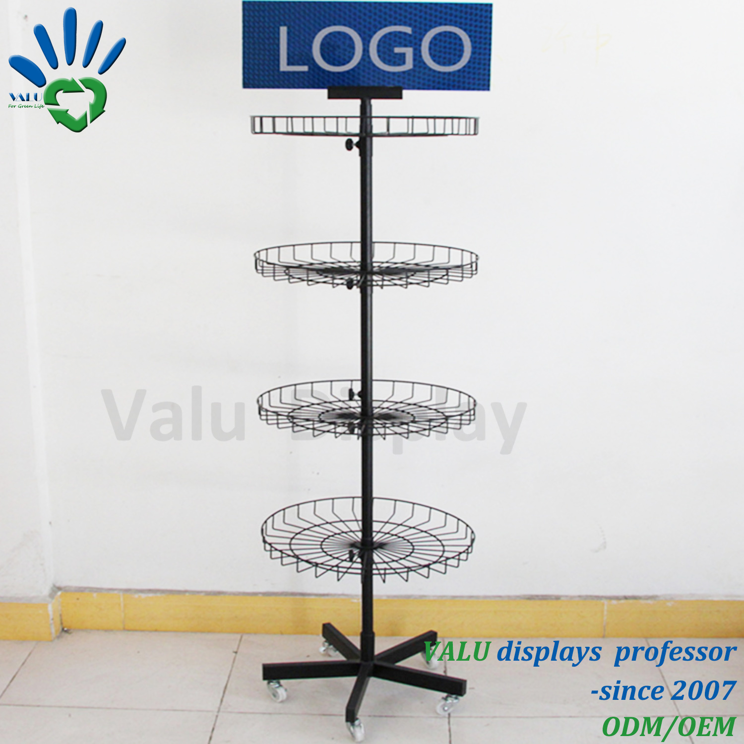 Floor Standing Rotating Spinning Metal Turntable Wire Display Stand Rack with Basket