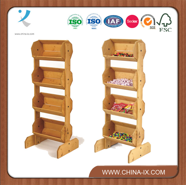 Floor Standing 4 Tiered Wooden Display with 4 Bins