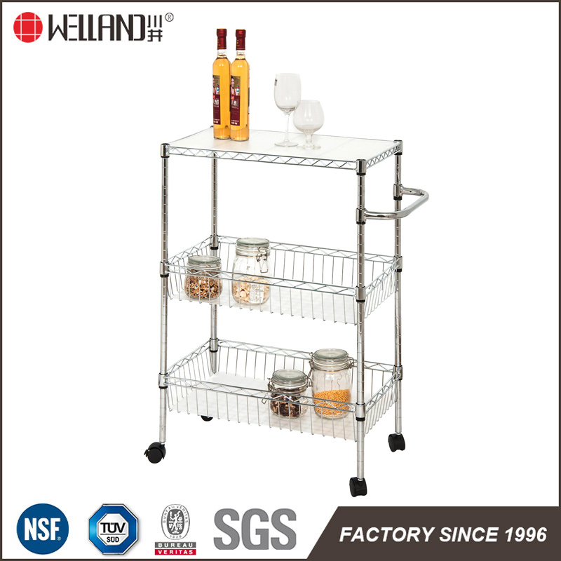 DIY 3 Tiers Metal Mini Kitchen Shelf Trolley with Basket