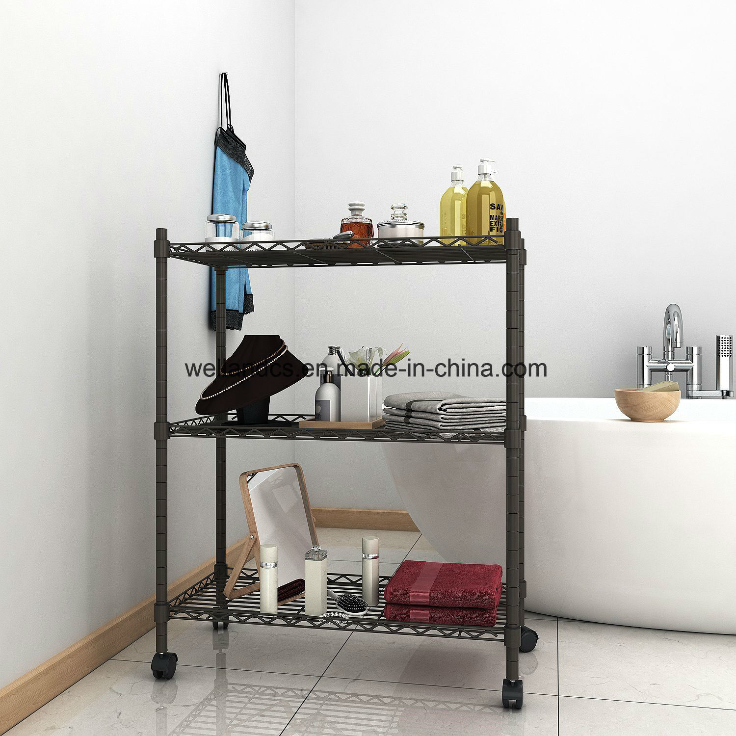 Carbon Grey Powder Coated 3-Tire Bathroom Adjustable Shelf Height Wire Shelving Rack with Nylon Casters, DIY & No Tools Assembly