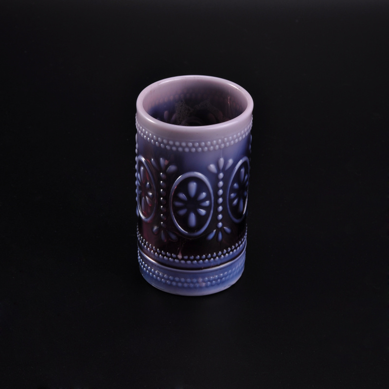 Colored Glass Candle Holder with Embossed Pattern