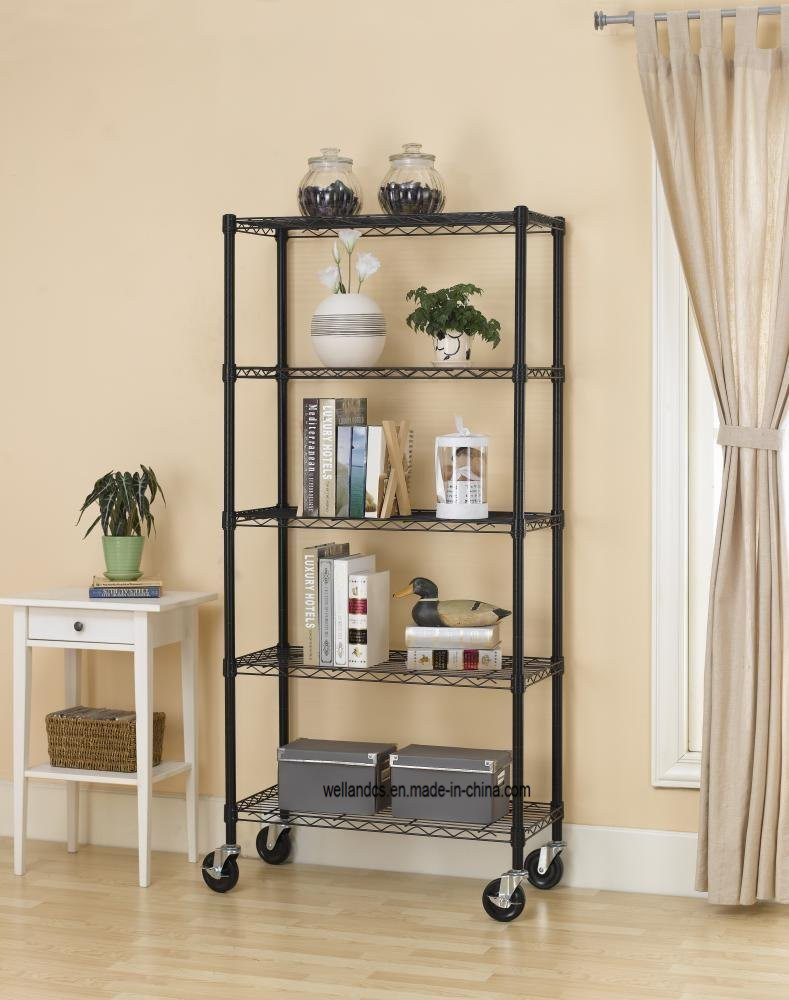 5 Layers Adjustable & Mobile 120kg Heavy Duty Steel Wire Metal Shelving for Livingroom Storage