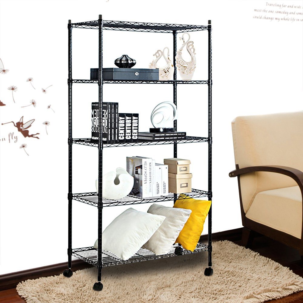 Epoxy Black 5 Tiers Adjustable Multifunctional Standing Metal Wire Living Room Rack 900*350*1800