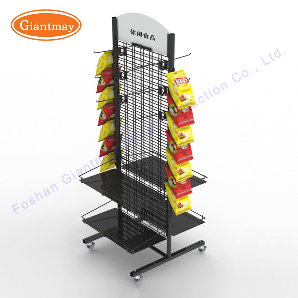 Metal Supermarket Exhibition Storage Shelf Double Sided Hanging Snack Chips Wire Display Rack