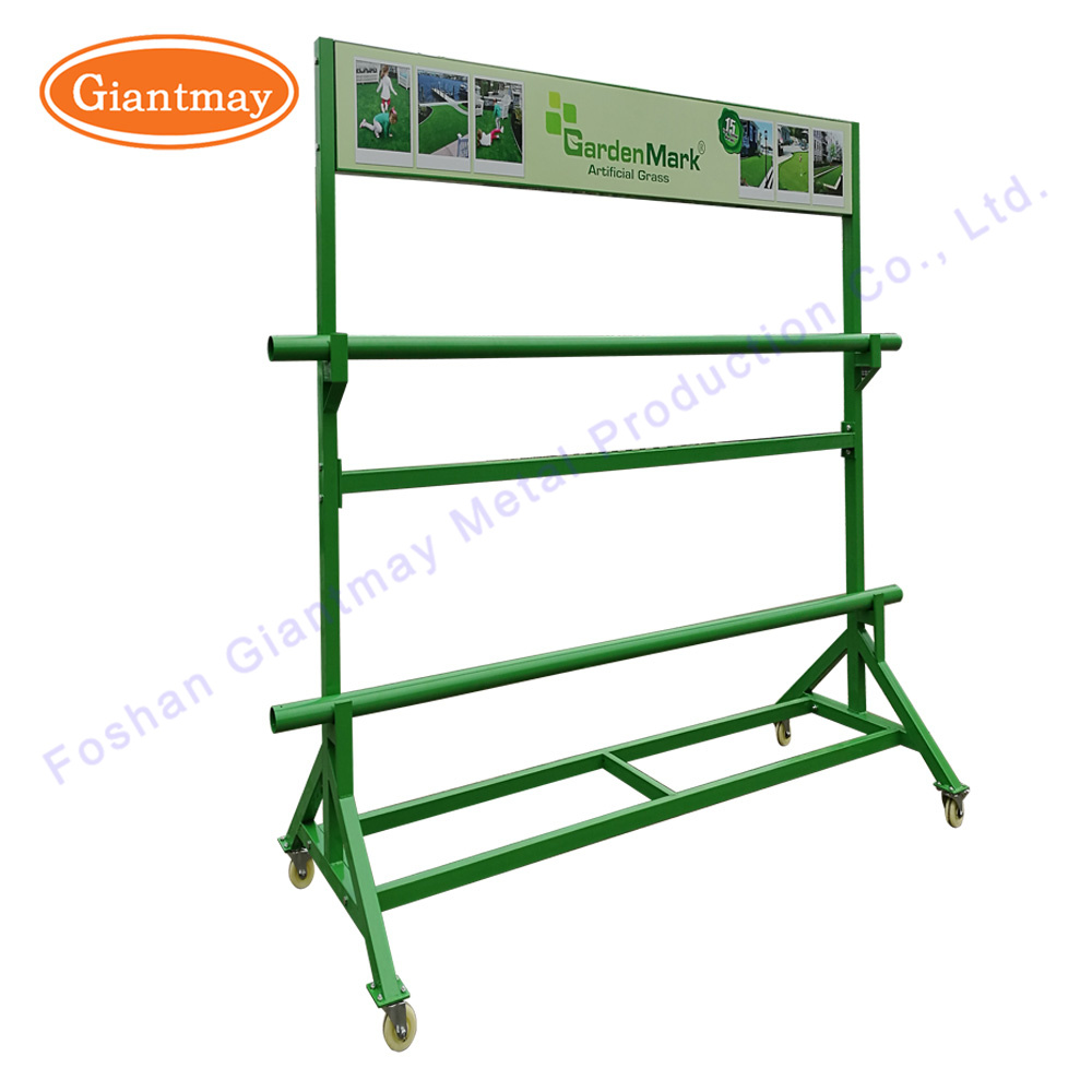 Good Loading Capacity Floor Standing Metal Roll Hanging Rack Display Exhibition Grass Rack with Wheels