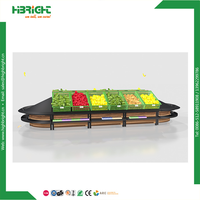 Supermarket Wooden Vegetable and Fruit Display Shelf with End Shelf