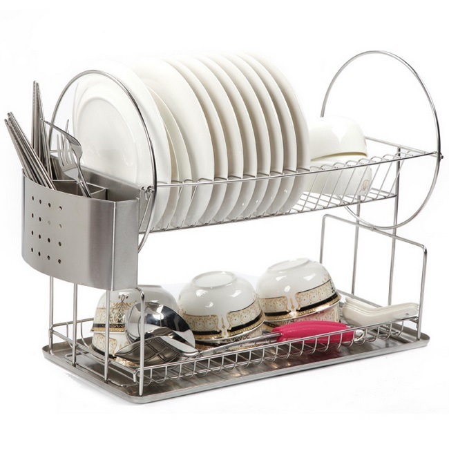 Full Stainless Steel Two Tier Kitchen Dinnerware Plate Dish Rack