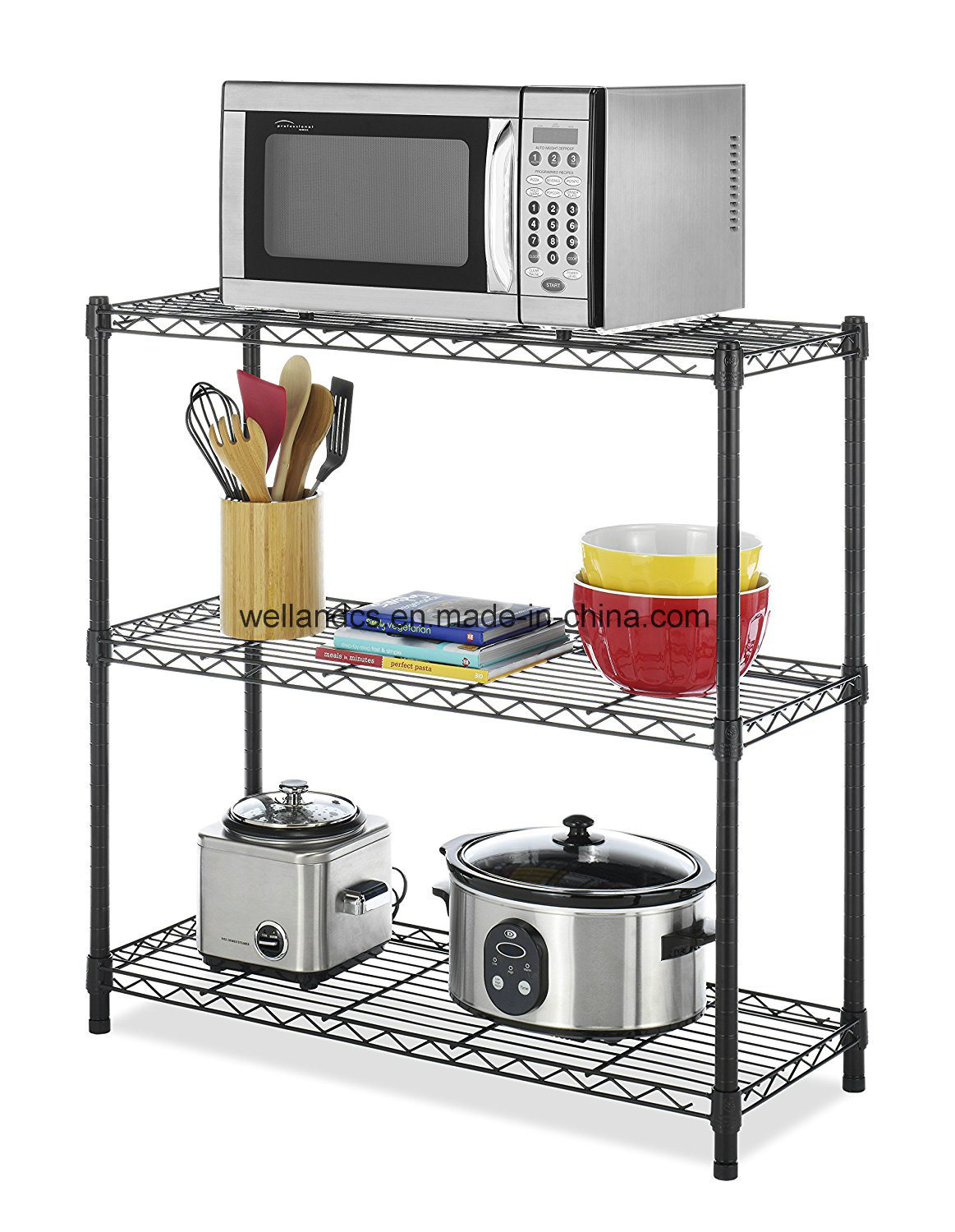 Black Coated Finish 3 Tier Light Duty Metal Wire Kitchen Garage Storage Organizer Rack