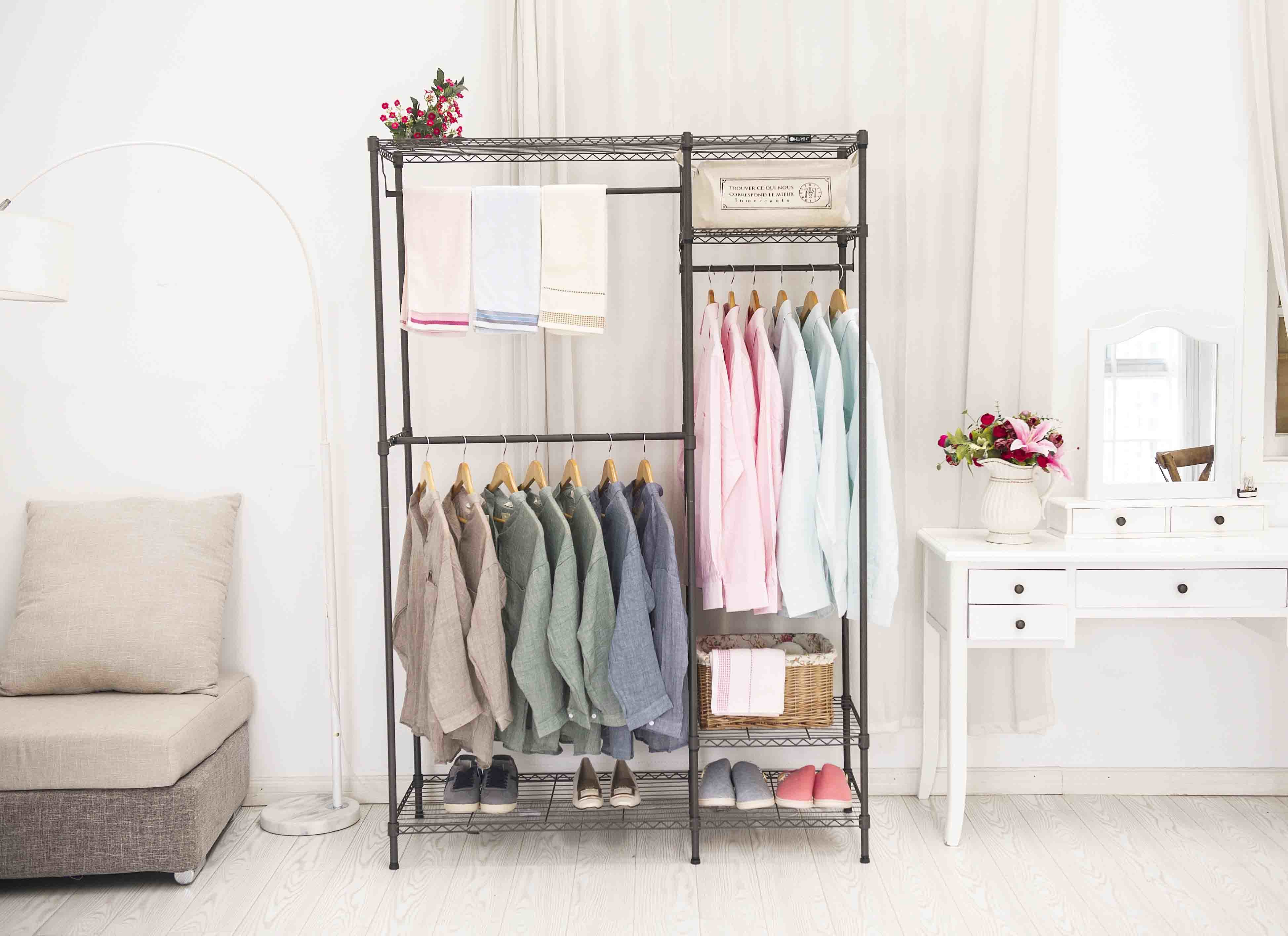 Customized New Style Garment Wire Shelving Design Carbon Steel Clothing Hanging Rack Metal Wardrobe