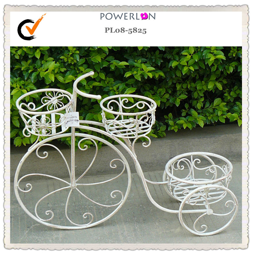 Antique White Garden Bicyle Flower Stands with 3 Baskets