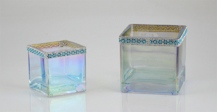 Square Glass Candle Holder with Edge Decoration