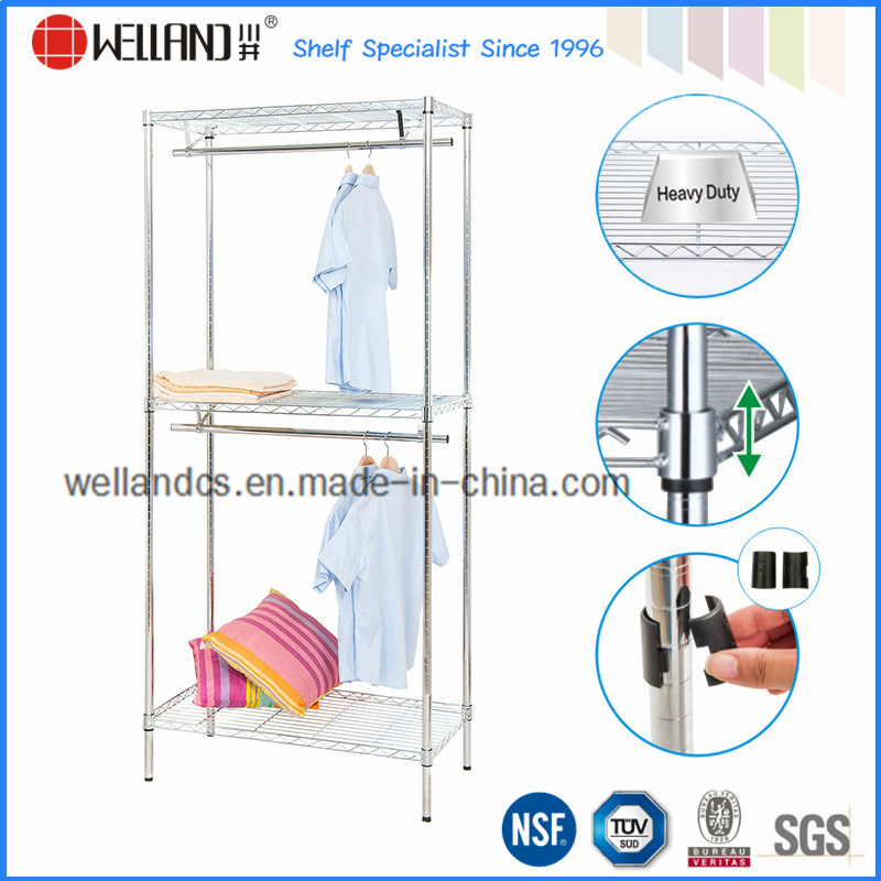 Chrome Steel Clothes Display Rack with Two Hanger Bar