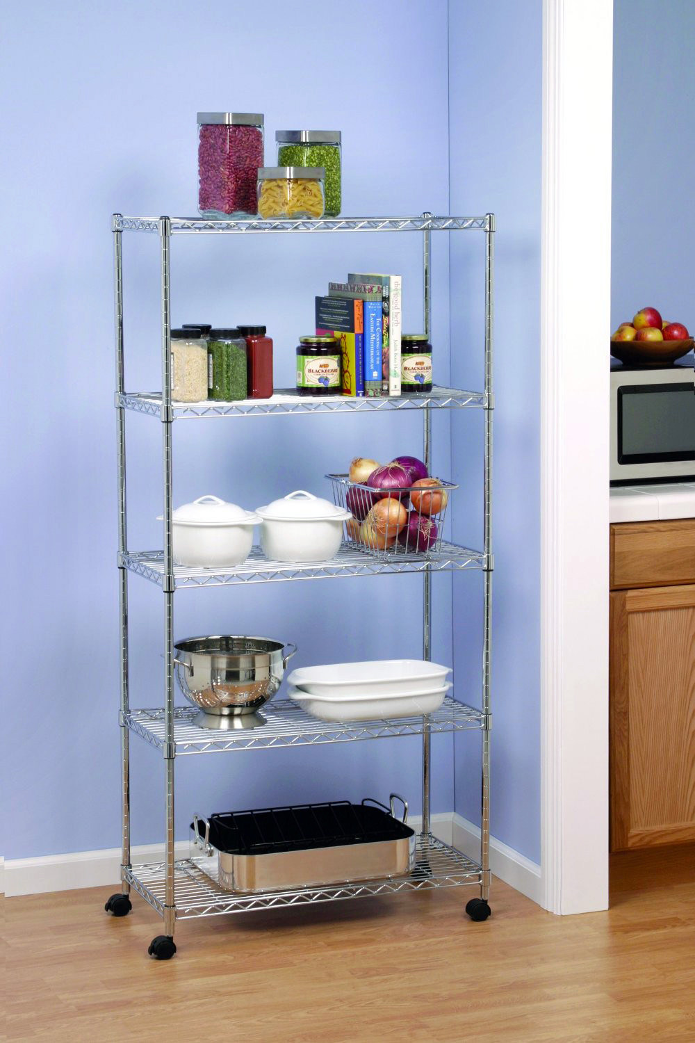 Multipurpose 5 Tiers Household Chrome Metal Kitchen Storage Rack with Wheels