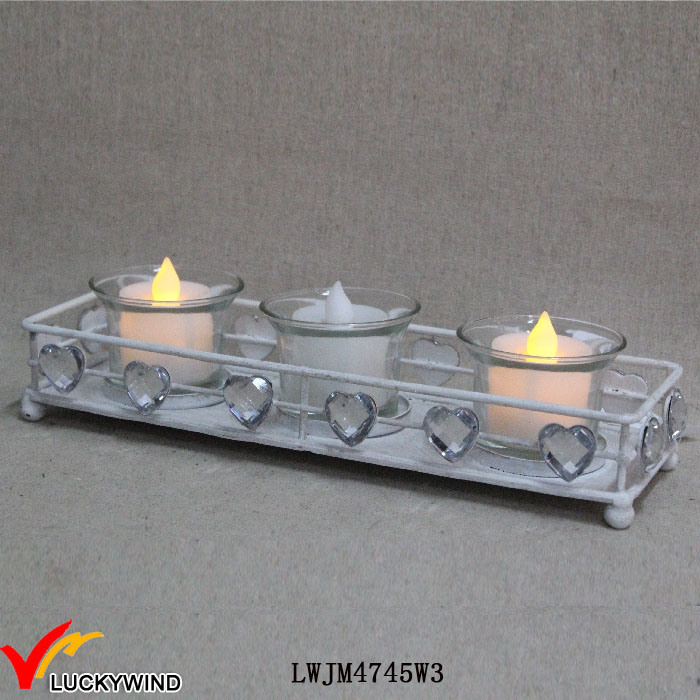 White Metal Vintage Tea Light Holders with Crystal Love Hearts