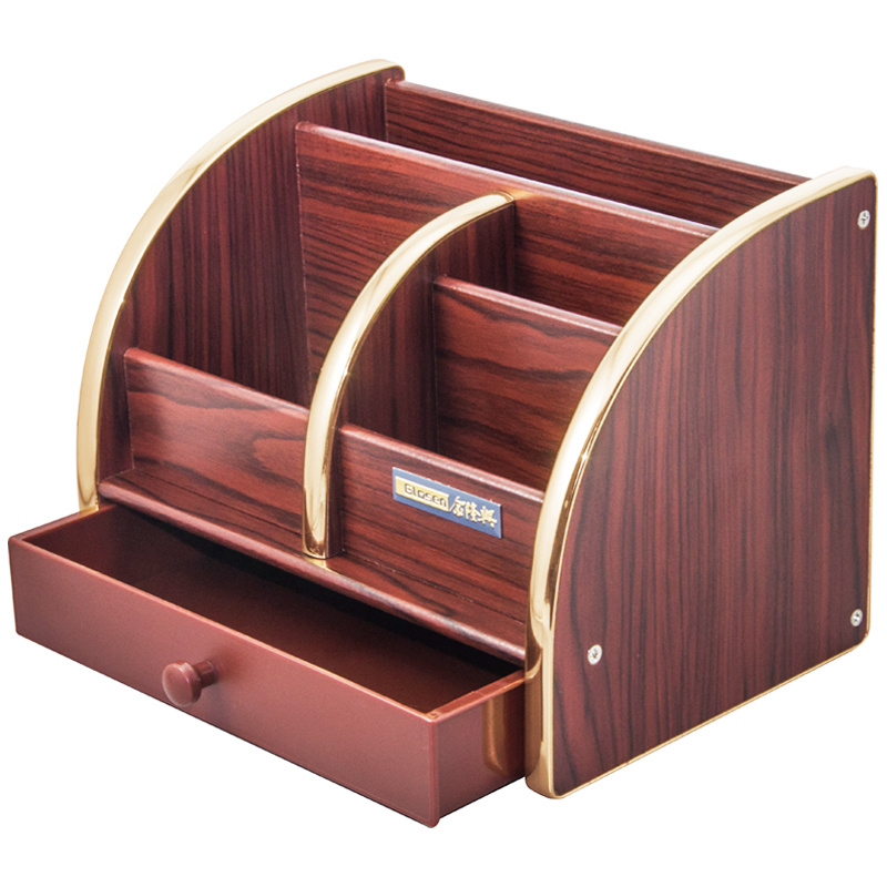 4 Compartments 1 Drawer Wooden Stationery Organizer