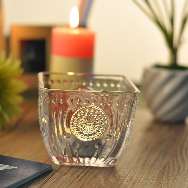 High White Glass Candle Holders with Debossed Pattern