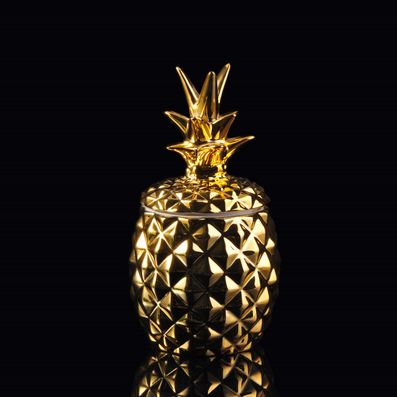 Golden Electroplating Pineapple Shaped Ceramic Candle Holder with Lid