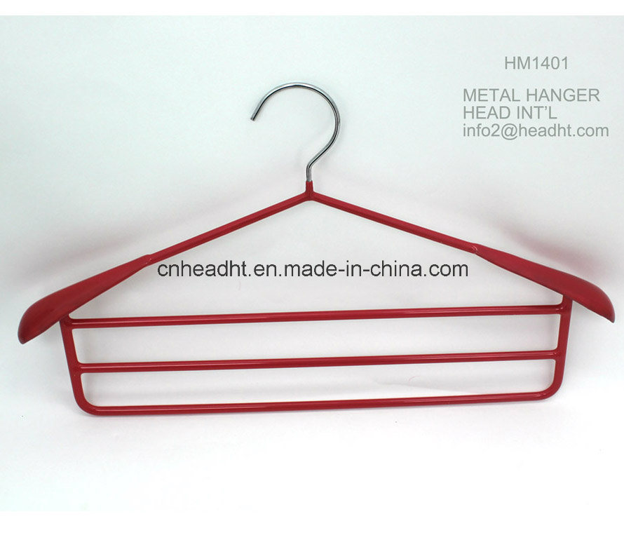 Hh Hm1401 Wholesale Plastic Plated Metal Coat Hanger with 3PCS Metal Hanging Bar