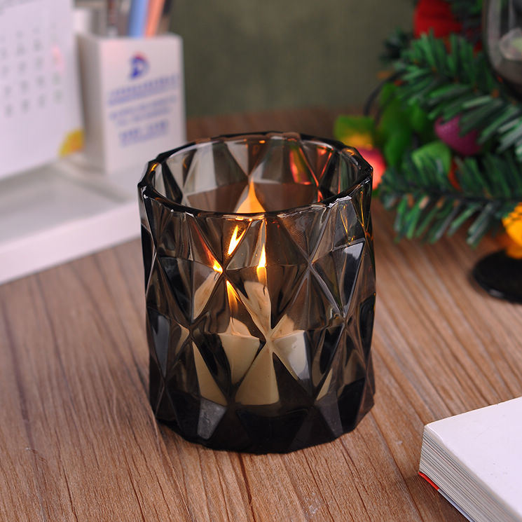 Smoky Gray Diamonded Glass Candle Holder