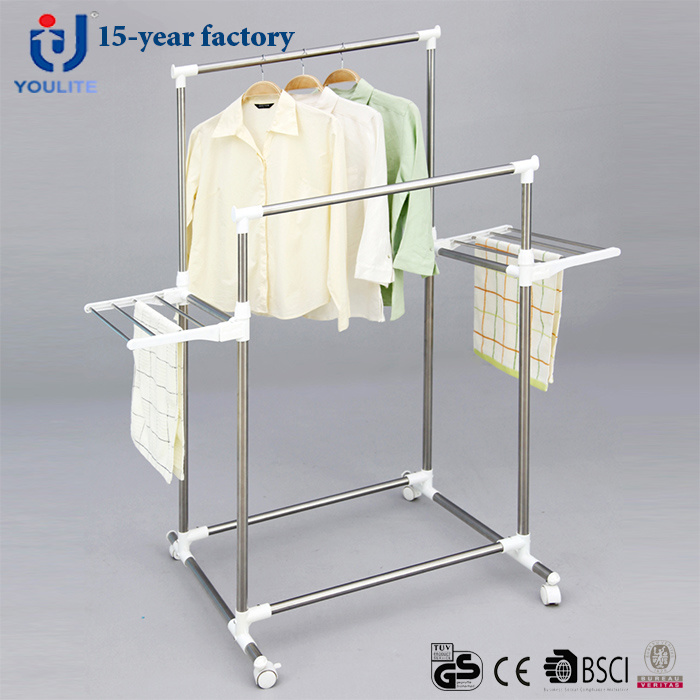 Stainless Steel Double Rod Clothes Hanger with Two Extra Racks