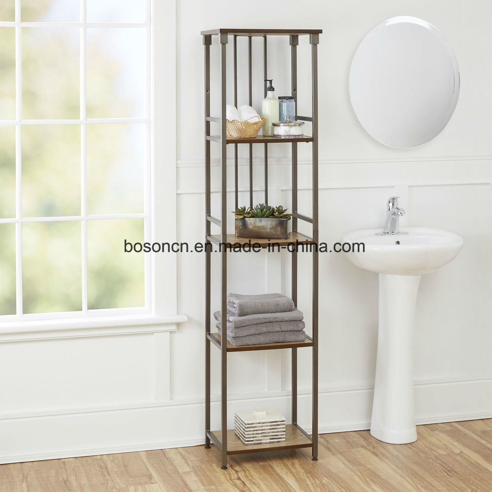 Bathroom Wood Metal Storage Shelf