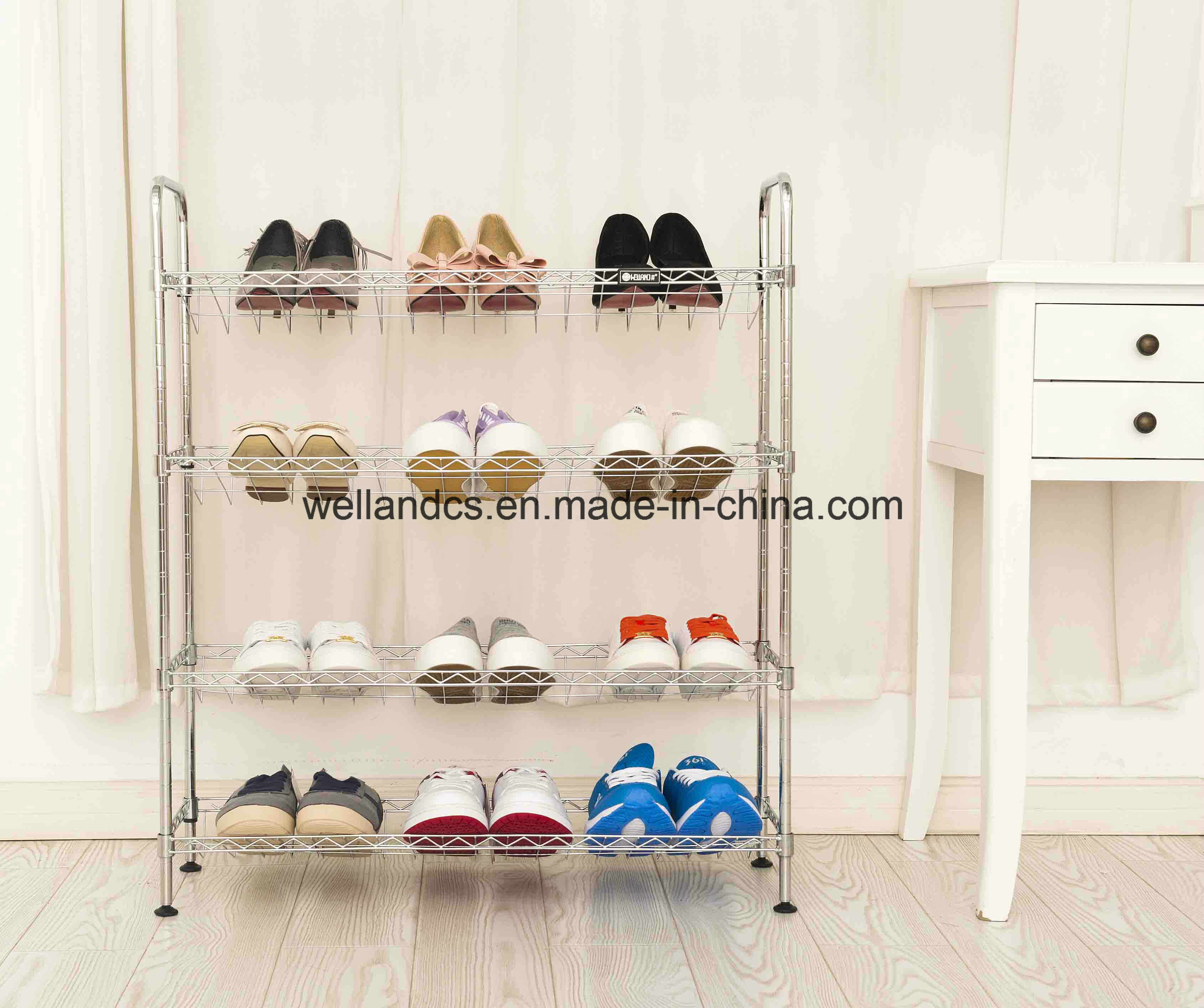 4 Tier DIY Adjustable Chrome Metal Wire Shoe Shelf Organizer