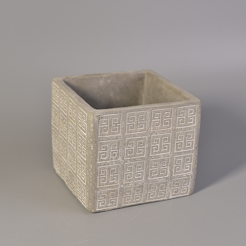 Antique Deco Square Debossed Cement Candle Holders