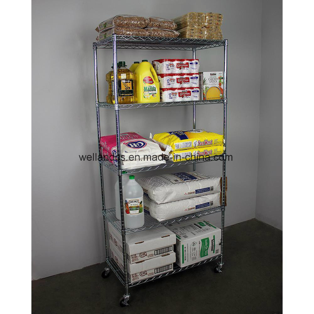 Light Duty 5 Tiers NSF Heavy Dury Steel Wire Shelving Restaurant Food Storage Rack with Wheels