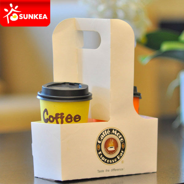 Disposable Logo Printed Paper Coffee Cup Carrier with Handle