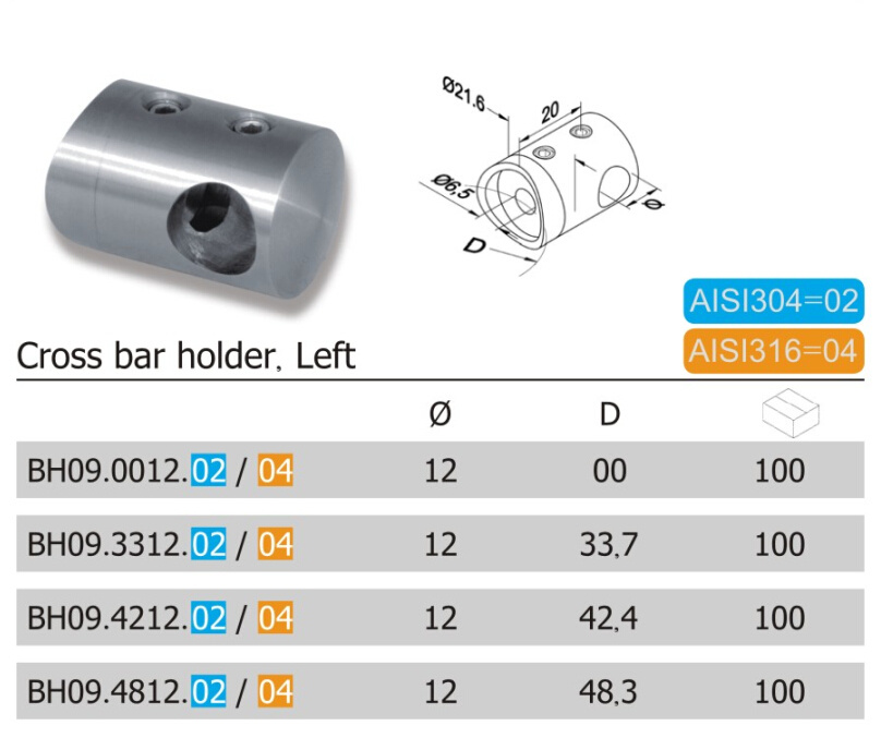 21.6mm Left Stainless Steel Cross Bar Holder (BH09.02/04)