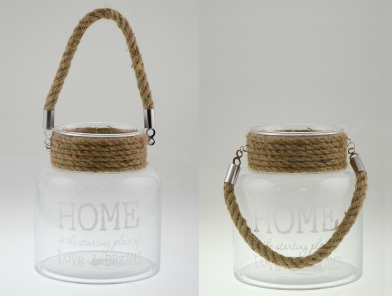 2015 High Quality Glass Lantern with Jute Rope Handle