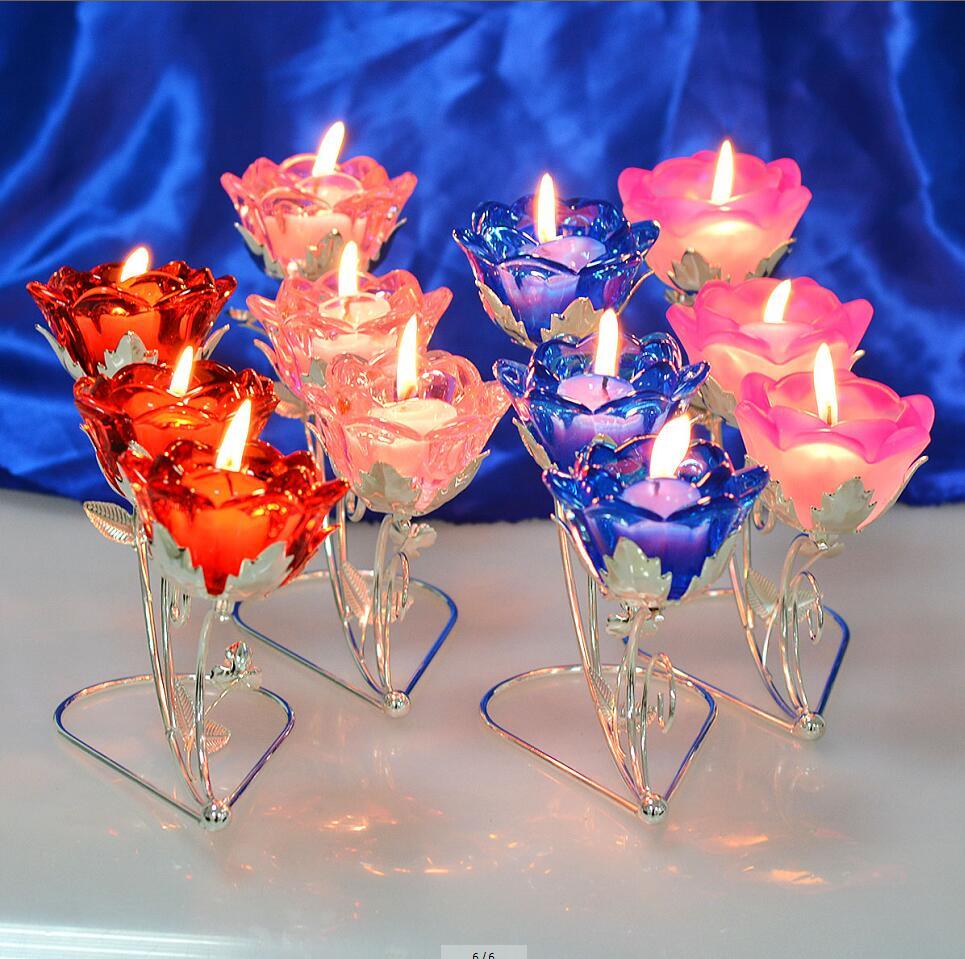 3 Branch Rose Crystal Candle Holder for Wedding