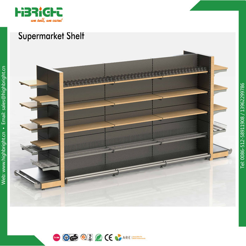 Supermarket Gondola Display Shelves with Wood Shelf