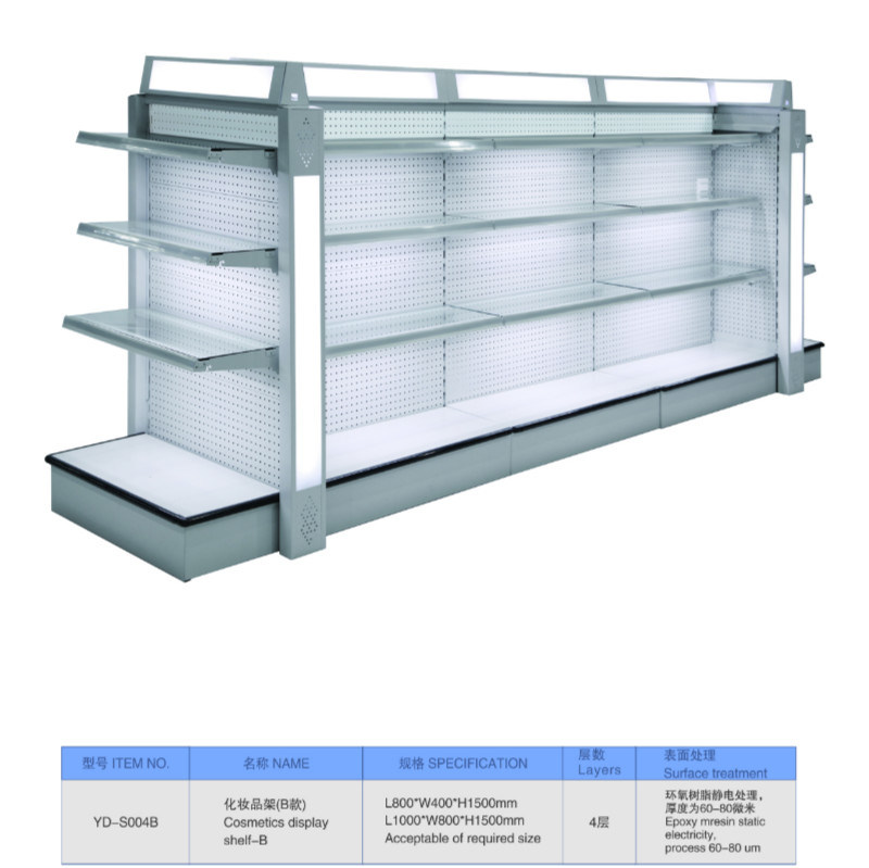 Double Side Supermarket Cosmetic Display Glass Shelf with LED