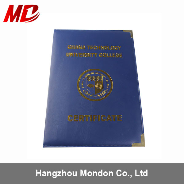 Custom Wholesale PU A4 Blue Diploma Cover Wtih Gold Printing Logo